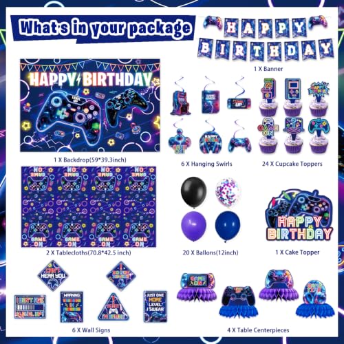 Video Game Birthday Decorations, Purple Blue Game Gaming Birthday Party Decor Decoration - Backdrop, Balloons, Cake Toppers, Tablecloth, Centerpieces, Hanging Swirls, Wall Signs