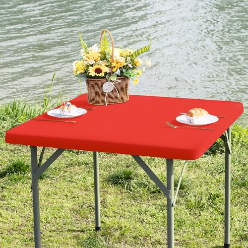 Square Fitted Table Cover Elastic Tablecloth Stretch Spandex Table Top Cover Table Topper Cap for Dining Kitchen Home Party Red 34X34 Inch - color: Red, size: 34" x 34" (Square)