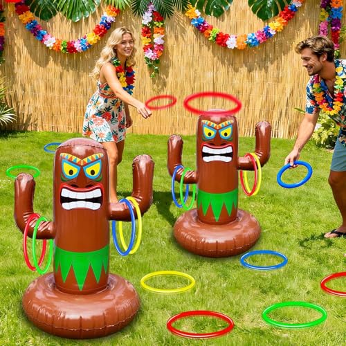 27" Inflatable Luau Tiki Pool Toss Games, Tiki Pool Ring Toss Toys with 4 Rings for Adults Indoor Outdoor Tropical Summer Swimming Inflatable Bean Bags Toss Hawaiian Luau Party Supplies - color: Inflatable Tiki Pool Ring Toss