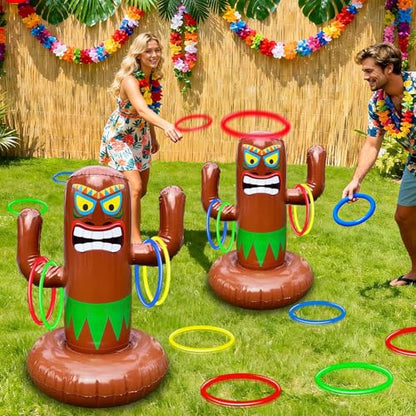 27" Inflatable Luau Tiki Pool Toss Games, Tiki Pool Ring Toss Toys with 4 Rings for Adults Indoor Outdoor Tropical Summer Swimming Inflatable Bean Bags Toss Hawaiian Luau Party Supplies - color: Inflatable Tiki Pool Ring Toss