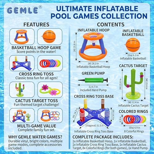 Pool Toys Games Set,Pool Basketball Hoop Inflatable Cross Ring Toss Game and Inflatable Cactus Kids for Teens Adults and Family (3 Set Water Toys)