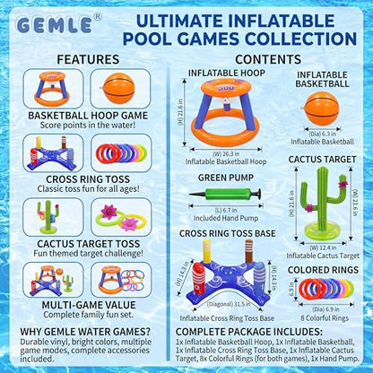 Pool Toys Games Set,Pool Basketball Hoop Inflatable Cross Ring Toss Game and Inflatable Cactus Kids for Teens Adults and Family (3 Set Water Toys)