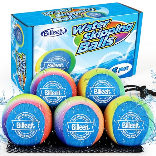 Billeeit 5Pcs Rainbow Water Skipping Balls Set for Pool Play | Floating TPR Bouncing Ball for Kids 3+ and Adults Beach, Lake, River, Ocean Play w/5 Round Balls and Mesh Bag