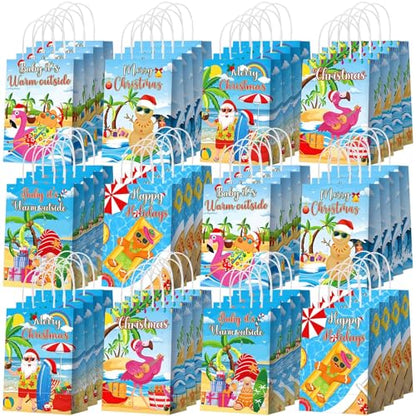 Kolldenn 48 Pcs Hawaiian Christmas Goodie Bags Summer Christmas Party Favor Bag Xmas Gift Paper Bags with Handle Tropical Beach Santa Flamingo Candy Treat Pouch for Xmas Pool Birthday Party - style: July Christmas