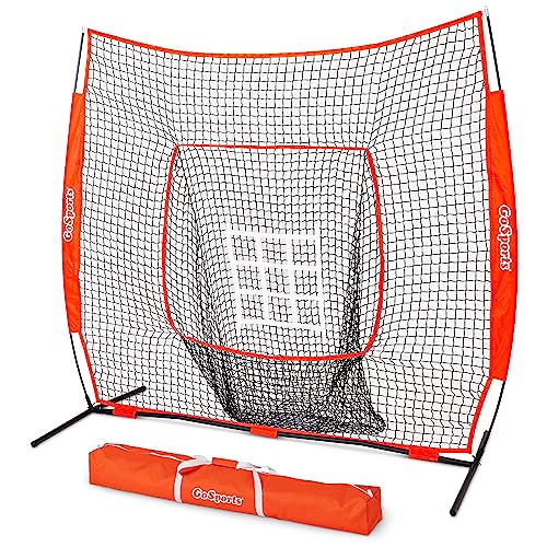 GoSports 7 ft x 7 ft Baseball & Softball Nets - Red, Black, Drip or PRO - Practice Hitting & Pitching Net with Bow Type Frame, Carry Bag and Strike Zone, Great for All Skill Levels - color: Red
