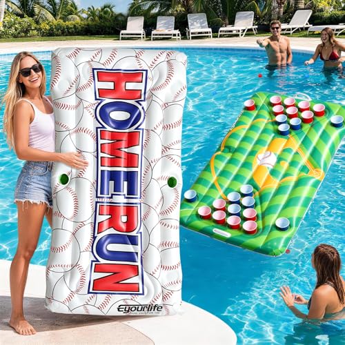 Baseball Pool Float & Inflatable beer Pong Table - 6ft Heavy Duty Reversible Ballpark Lounge for Adults, Complete Game Set for Pool Party, Lake & Backyard BBQ, Includes Balls, Cups, Pump, Stakes & Bag - color: Baseball