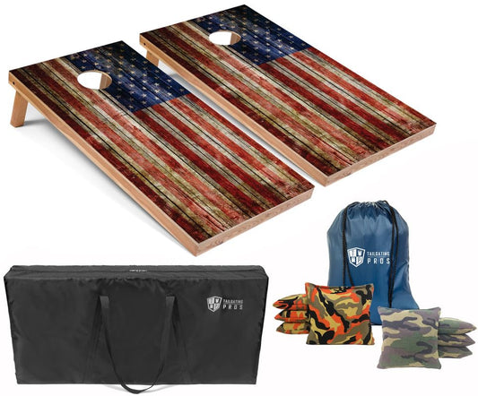 Tailgating Pros American Flag Wooden Plank Design Cornhole Board Set w/Bean Bags and Carrying Case - 4'x2' Corn Hole Toss Game - color: Orange Camo / Green Camo