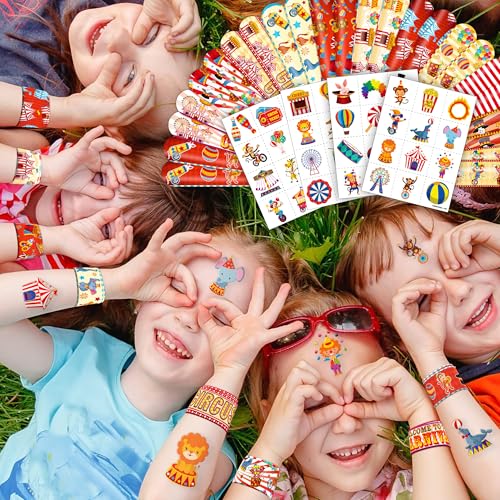 Cherisnowy 72PCS Carnival Party Set 48PCS Temporary Tattoos & 24PCS Slap Bracelets Fun Circus Themed Birthday Supplies, Baby Shower Gifts, Classroom Rewards & Party Decor for Kids Boys & Girls