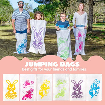 JOYIN Easter 33PCS Potato Sack Race Jumping Bags, Spoon and Egg Race, 6 Players Legged Relay Race Bands Elastic Tie Rope for Easter Theme Party Favor, Outside Lawn,Eggs Hunt Game Activities