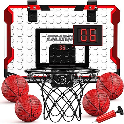 TEMI Indoor Basketball Hoop for Kids, Door Room Basketball Hoop,Mini Basketball Hoop with 4 Balls, Basketball Toys for 3 4 5 6 7 8 9 10 11 12 Year Old Boys - style: Basketball Hoop & Scoreboard & 4 Balls