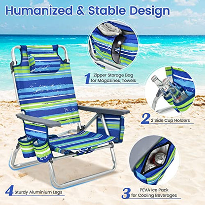 Tangkula Set of 4 Backpack Beach Chair, 5-Position Lay Flat Beach Chairs with Cooler Bag, 2 Cup Holders, Towel Bar, Lightweight Folding Beach Chair with Backpack Straps - color: Blue, style: 4 Pack