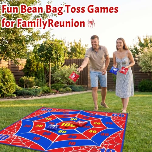2-in-1 Giant Tic Tac Toe Game Bean Bag Toss Outdoor Games, 4.5FT Spider Tic Tac Toe Game with 10 Pcs Bean Bags, Outside Games for Adults and Family Lawn Yard Carnival Field Day Camping Party - color: Red Blue