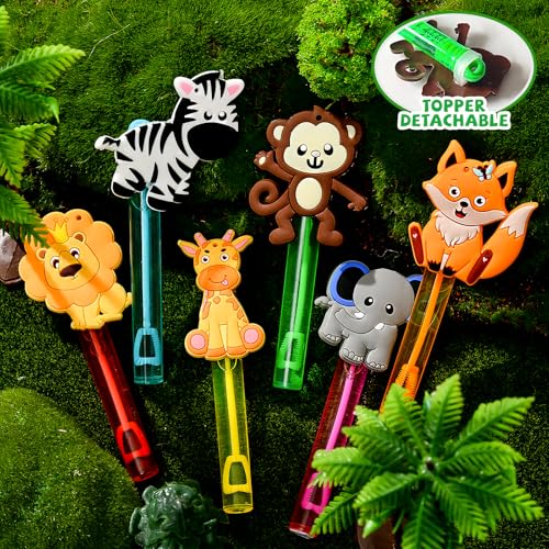 Winrayk Safari Party Favors, 24Pcs Jungle Animals Mini Bubble Wands for Kids Bubbles Bulk with Detachable Topper (6 Styles & Colors), Birthday Goodie Bag Stuffer Classroom Prizes Wild One Party Favors - style: Safari