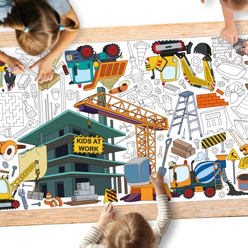 Gatherfun Construction Party Giant Coloring Poster - 31.5x 72 Inches - Versatile Classroom Wall Décor & Birthday Activity - Construction Poster or Table Cover for School Parties and Special Events - style: Construction
