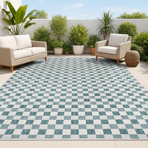 JONATHAN Y Cottage Checkerboard Indoor Outdoor Area Rug 8X10 Turquoise/Cream, Aimee Traditional for Backyard, Patio, Porch, Easy-Cleaning, High Traffic, Pet-Friendly, Non-Shedding (TSN204E-8) - color: Turquoise/Cream, size: 7'10" x 10' (Rectangular)
