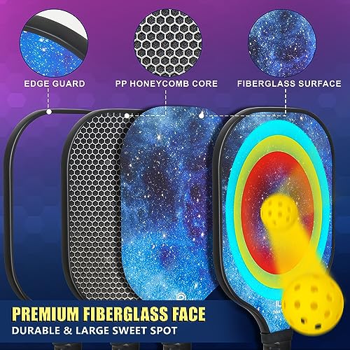 Dulce DOM Pickleball Paddles Set of 2/4 - USAPA Approved, 4 Indoor Outdoor Pickleball Balls, Fiberglass Surface Paddle Racket with Cover Bag, Ideal Training Equipment Gift for Men & Women - color: Blue Purple*4
