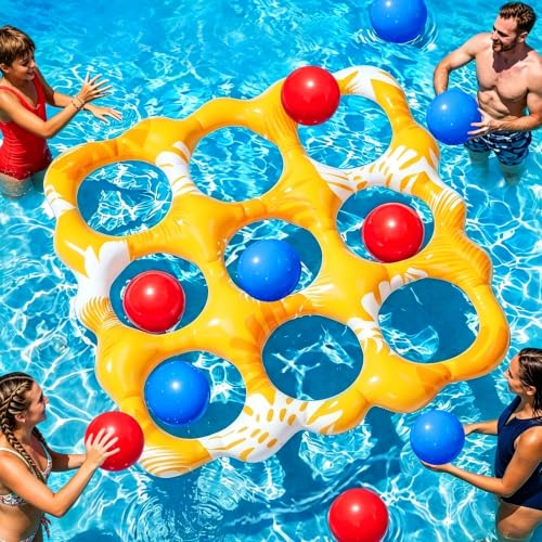 Inflatable Tic Tac Toe Pool Game Set – Pool Toys with Anti-Drift Design & 10 Balls, Fun for Kids, Teens, Adults, Family, Party, Beach, Outdoor & Indoor, 2-10 Players - color: Yellow