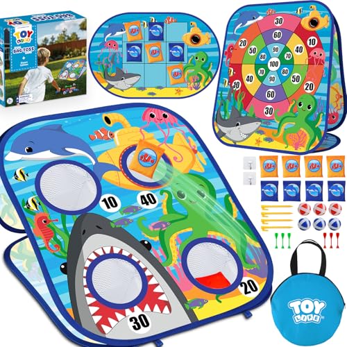 TOY Life Toddler Outdoor Toys for Kids Ages 4-8, Bean Bag Toss, Outside Yard Games for Kids Cornhole, Indoor Lawn Backyard Games Birthday Family Party Toddler Game, Gift for Boys 3 4 5 6 7 - color: Blue Shark bean bag game for kids