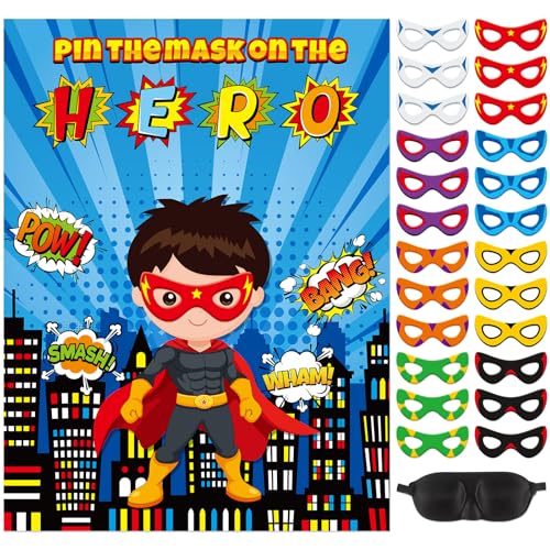 Faccito Hero Party Games Super Theme Hero Games Pin Mask on The Cityscape Poster with 24 Pcs Stickers and Blindfold Pin The Tail Set for Birthday Party Decorations Carnival Favors Supplies - style: Hero