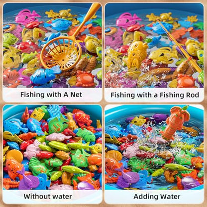 NIPLOOOW Pool Fishing Toys Games, Water Table Bathtub Toy with Inflatable Pool Pole Rod Net Plastic Floating Fish, Birthday Gifts for Kids Age 3 4 5 6 Year Old,Kids Outdoor Toys - style: 60PCS + Large Fishing Pool