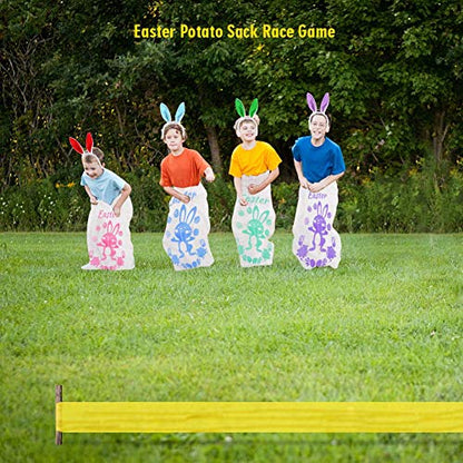 18PACK Easter Party Games for Kids, Easter Potato Sack Race Bags,Bunny Ears Headbands, Egg and Spoon Race Games,Legged Relay Race Bands,Easter Outdoor Games for Easter Eggs Hunt,Easter Party Supplies