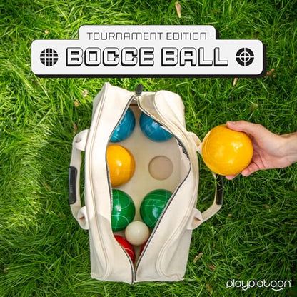 Play Platoon Bocce Ball Set Regulation Size Game Set - 107mm with 8 Hard Polyresin Premium Balls, Pallino, and Professional Carry Bag & Measuring Rope - Outdoor Games for Backyard, Lawn, Beach