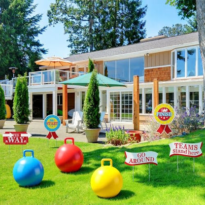 14 Pcs Outdoor Carnival Games 3 Hopper Bouncing Balls with Handle 5 Carnival Yard Sign with Stake 4 Hook-and-Loop 2 Arrow Hopper Relay Game for Field Day Backyard Lawn Birthday Family Party