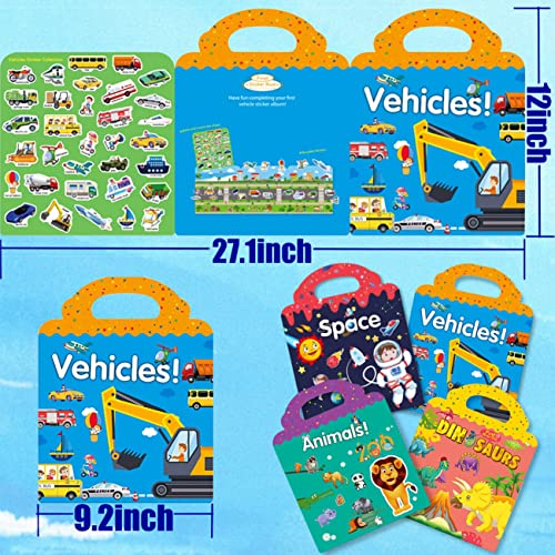 RUSON Reusable Sticker Book for Kids, 4 Sets Educational Learning Toys Travel Stickers Activity Books for Toddler Girls Boys Age 3+ Birthday Gifts - Vehicle, Space, Dinosaur & Animals - style: Vehicle + Dinosaur + Animal + Space