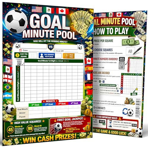 2026 World Cup Goal Minute Pool Game (37x26cm) – Soccer Tournament 100 Square Board - 10 Sheet Set Select Random Numbers - 4 Goal Tracking Prize Pool
