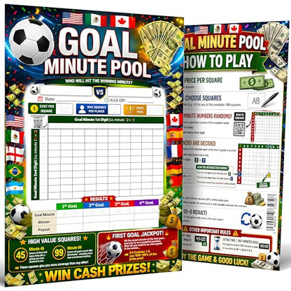 2026 World Cup Goal Minute Pool Game (37x26cm) – Soccer Tournament 100 Square Board - 10 Sheet Set Select Random Numbers - 4 Goal Tracking Prize Pool