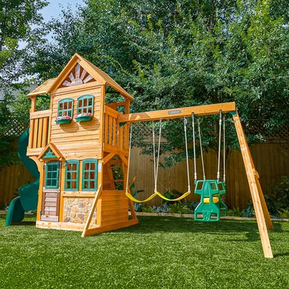 KidKraft Buffalo Crossing Wooden Outdoor Swing Set with Tube Slide | Two-Story Playhouse, Rock Wall, Glider, Faux Stone Facade, Planter Boxes