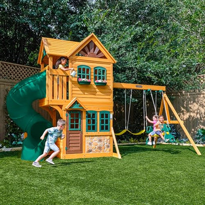 KidKraft Buffalo Crossing Wooden Outdoor Swing Set with Tube Slide | Two-Story Playhouse, Rock Wall, Glider, Faux Stone Facade, Planter Boxes