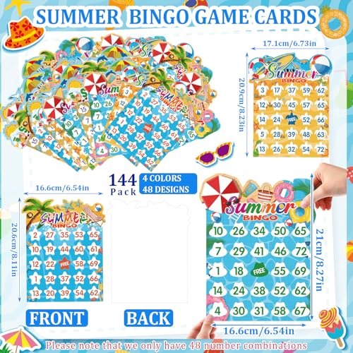 Eersida 192 Pack Summer Bingo Game Cards and 0.4 oz Dot Daubers Set Includes 144 Bingo Cards and 48 Dot Markers Summer Hawaiian Gifts Game Supplies for Beach Party Favor Family Casino Play Night - style: Summer
