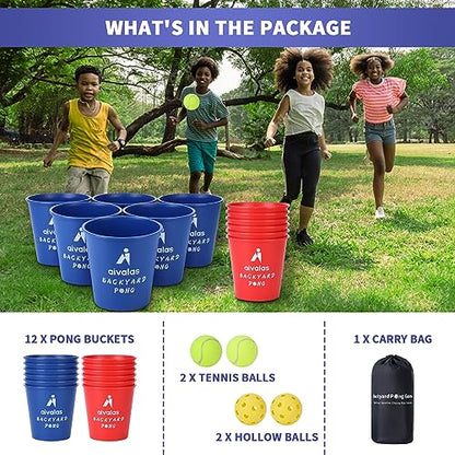 Aivalas Yard Pong Outdoor Games, Giant Yard Games Set with 12 Buckets and Balls for Adults and Family, Toss Game Throwing Games for Beach, Camping, Lawn and Backyard - color: Blue/Red
