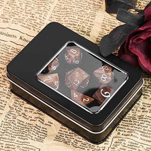 7PCS Wooden Polyhedral Dice Set, D&D Wood DND Dice Set with Metal Box for Role Playing Tabletop Games (Bubinga Wood) - color: Bubinga Wood