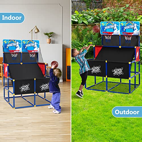 GYMAX Basketball Arcade Game Indoor, Double Shot Basketball Hoop Indoor with 4 Balls & Hand Pump, Mini Basketball Hoop for Kids Toddlers, Basketball Game Toys for Girls Boys