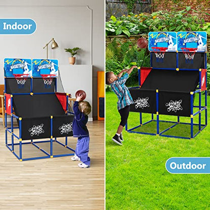 GYMAX Basketball Arcade Game Indoor, Double Shot Basketball Hoop Indoor with 4 Balls & Hand Pump, Mini Basketball Hoop for Kids Toddlers, Basketball Game Toys for Girls Boys