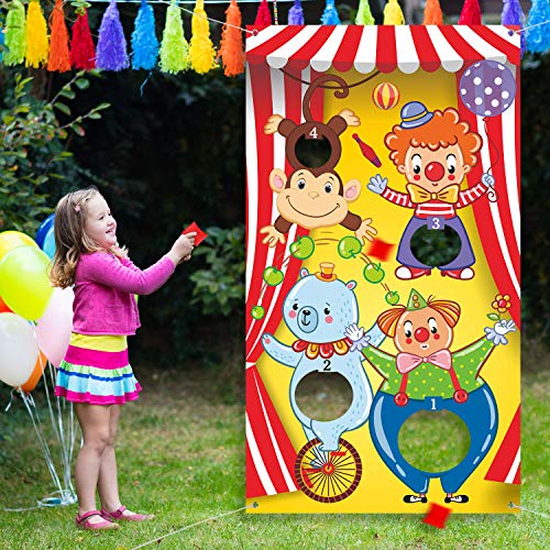 Blulu Carnival Toss Games Banner with 3 Bean Bags Halloween Carnival Game for Kids and Adults Circus Theme Party Decorations for Birthday Family Fun Throwing Indoor Outdoor - style: Circus Animal