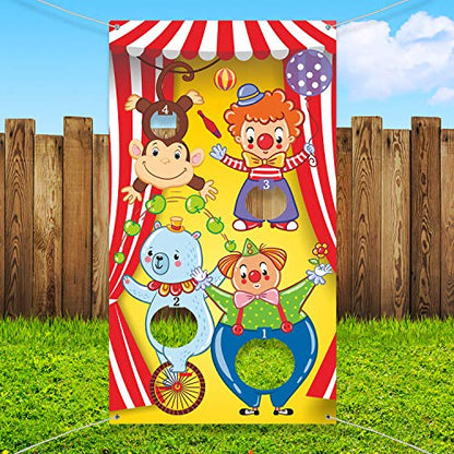 Blulu Carnival Toss Games Banner with 3 Bean Bags Halloween Carnival Game for Kids and Adults Circus Theme Party Decorations for Birthday Family Fun Throwing Indoor Outdoor - style: Circus Animal