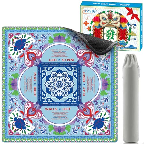 Mahjong Mat for Table with Rules 33×33", 3mm Thick, Boho Floral Design | Non-Slip, Waterproof, Noise-Reducing Table Cover for American Mahjong, Poker, Board Games , Dominoes, and Card Games - color: Blue-2