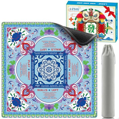 Mahjong Mat for Table with Rules 33×33", 3mm Thick, Boho Floral Design | Non-Slip, Waterproof, Noise-Reducing Table Cover for American Mahjong, Poker, Board Games , Dominoes, and Card Games - color: Blue-2