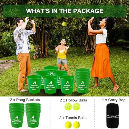 Aivalas Yard Pong Outdoor Games, Giant Yard Games Set with 12 Buckets and Balls for Adults and Family, Toss Game Throwing Games for Beach, Camping, Lawn and Backyard - color: Green