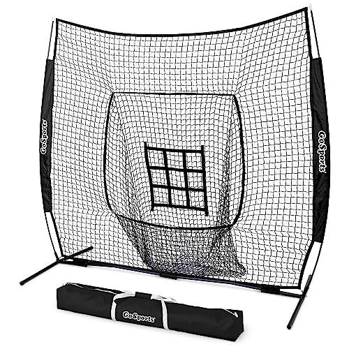 GoSports 7 ft x 7 ft Baseball & Softball Nets - Red, Black, Drip or PRO - Practice Hitting & Pitching Net with Bow Type Frame, Carry Bag and Strike Zone, Great for All Skill Levels - color: Black