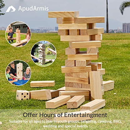 ApudArmis Giant Tumble Tower Stack to Over 5Ft, 56 PCS Pine Wooden Stacking Timber Game with 1 Dice Set - Classic Block Giant Outdoor Game (7.48 * 2.48 * 1.5In Each Block) - color: Burlywood, size: XL-Over 5FT