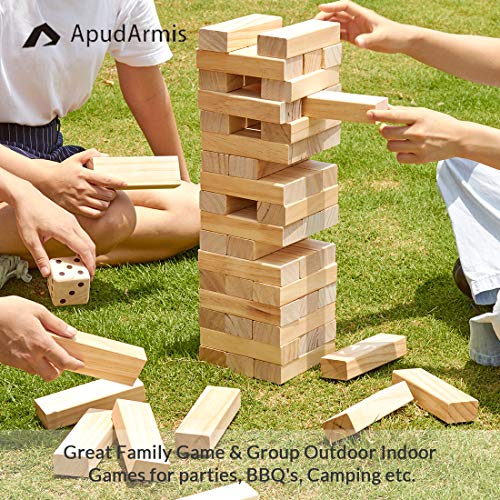 ApudArmis Giant Tumble Tower Stack to Over 5Ft, 56 PCS Pine Wooden Stacking Timber Game with 1 Dice Set - Classic Block Giant Outdoor Game (7.48 * 2.48 * 1.5In Each Block) - color: Burlywood, size: XL-Over 5FT