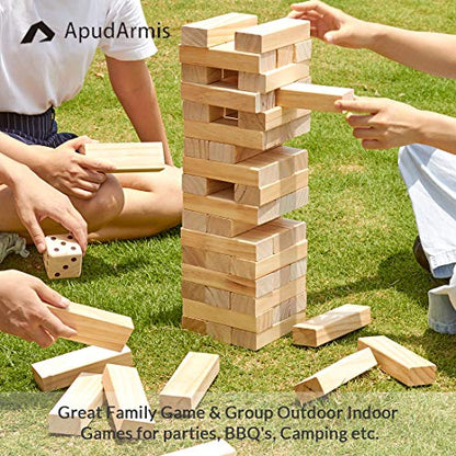 ApudArmis Giant Tumble Tower Stack to Over 5Ft, 56 PCS Pine Wooden Stacking Timber Game with 1 Dice Set - Classic Block Giant Outdoor Game (7.48 * 2.48 * 1.5In Each Block) - color: Burlywood, size: XL-Over 5FT