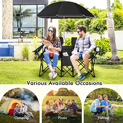 LUARANE Folding Double Camping Chair, Outdoor Picnic Chairs w/Removable Umbrella, Mini Table, Cup Holder & Carrying Bag, Portable Camping Loveseat for Patio, Pool, Lawn, Beach, Park (Black) - color: Black