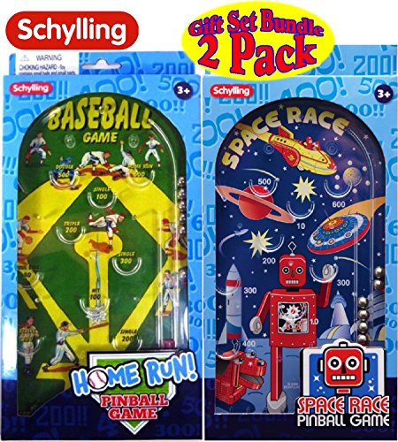 Schylling Classic 10" Pinball Games Space Race & Home Run! Baseball Gift Set Bundle - 2 Pack