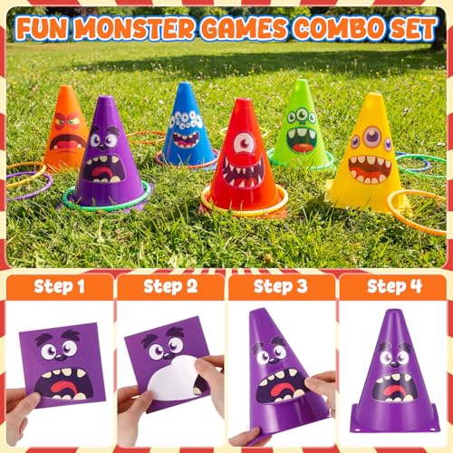 RoundFunny 12set 3 in 1 Monsters Ring Toss Game Set, Carnival Game Kit with Cones, Rings, Bean Bags & Storage Bag, Includes for DIY Toss Games, Birthday Party, Easter, Carnival - style: Monster