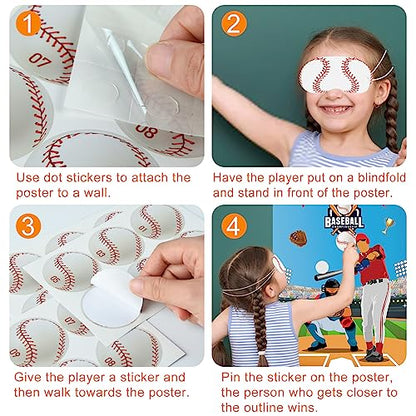 PLULON Pin The Baseball Party Game for Kids Pin The Baseball on The Glove and Bat Large Poster with Stickers for Boys Girls Birthday Party Wall Decorations Classroom Activities - style: Baseball